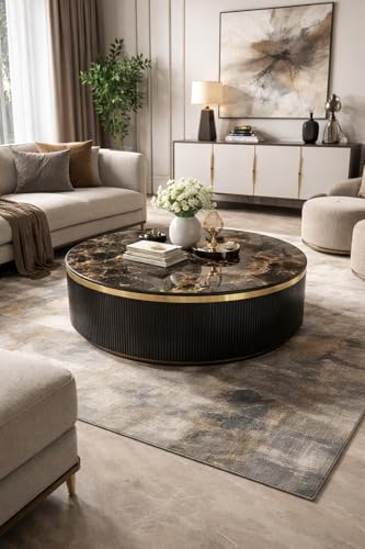 Image of WOODEN SPACE Premium Luxury Royal Pearl Marble-Top Coffee Table with Iron Legs & PVD Coating | Modern Round Wooden Center Table for Living Room & Entryway (Black, 36 Inch)