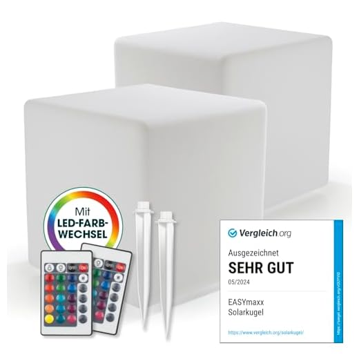 EASYmaxx LED Solarleuchte mit Fernbedienung | 2 kaltweiße Leuchten - Würfel mit Solarbetrieb & Farbwechsel | dimmbare Helligkeitsstufen, 12 Farben & 5 Leuchtmodi | inklusive Erdspieß & Dämmungssensor
