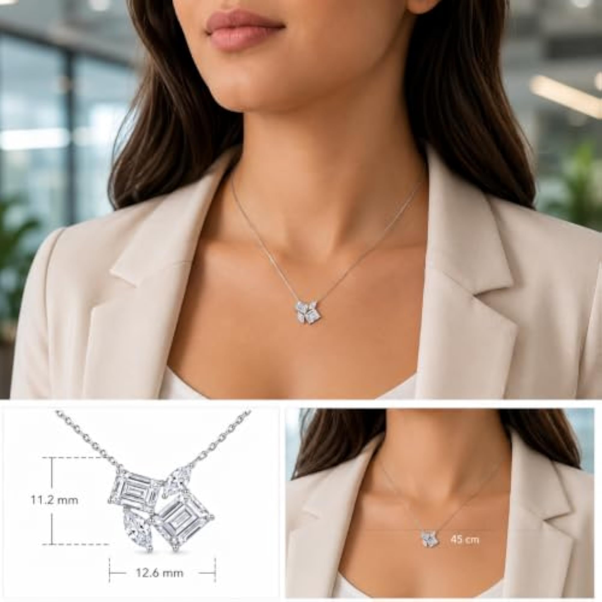 Women's 925 Silver Emerald Cut Crystal Cluster Pendant Necklace