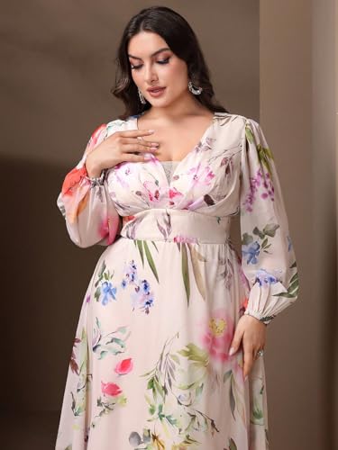 Image of Spring Summer 2024 Plus Size Womens Dresses V Neck Casual Elegant Long Sleeve Floral Print Maxi Dress