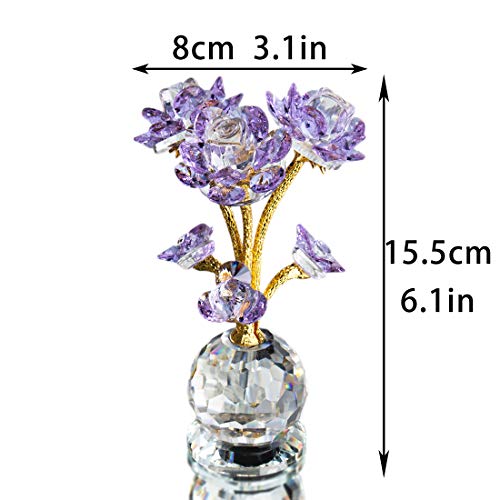 QFkris Purple Crystal Rose Flower Glass Figurine Collectible Statue Home Decor Wedding, Mothers Day, Centerpiece, Valentines Day, Bridal Shower