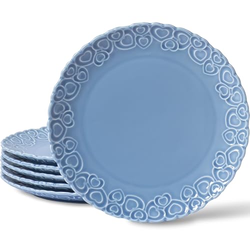 HOMBENE Heartbeat Dessert Plates Set of 6, 8 Inch, Salad Plate for Kitchen,Snack, Ice Cream, Waffles Dinner, Microwave & Dishwasher Safe, Gift (Celestial Blue)