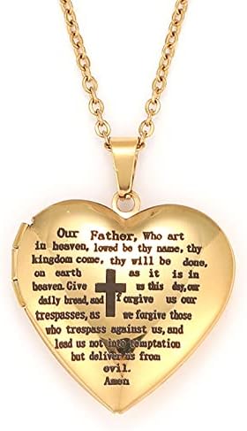 UTHOSMDO Bible Verse Prayer Locket with English Lord's, That Holds Pictures, Christian Stainless Steel Lockets Gifts for Men Women Girls and Boys (Heart Cross Gold)
