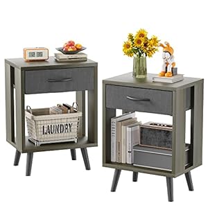 GYIIYUO Nightstands Set of 2 with Fabric Storage Drawer and Open Wood Shelf, Side Table with Storage for Bedroom, Night Stand with Drawer for Bedroom, Bedside Tables – Gray