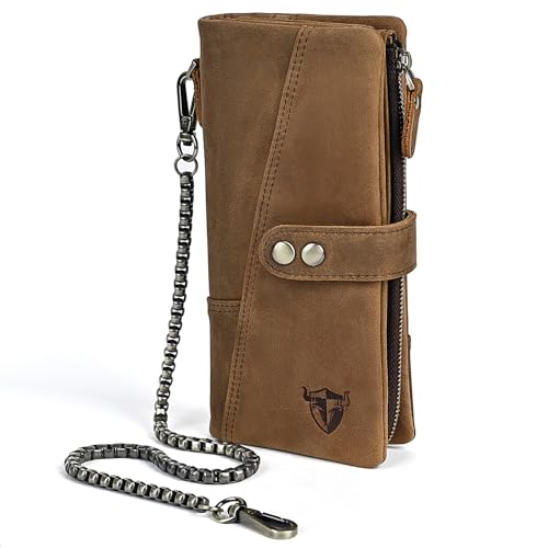 Image of Genuine Crazy Horse Leather Travel Gift Coin Pocket Card Case Long Organizer Chain Rfid Wallet Purse With Snap For Men Male 1803 1815 (1803 Brown 26b)