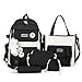 AONUOWE 5pcs Aesthetic Backpack Set for School Teens Girls Daypack Cute Trendy Large Capacity Preppy Shoulder Bag (Black)