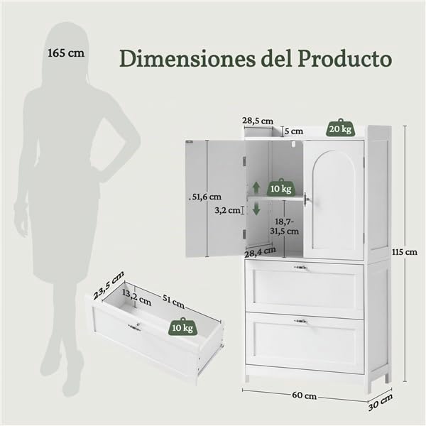 Yaheetech Armario de Suelo para Baño Clásico Mueble 60x30x115cm Blanco | para Salón Cocina Entrada, con 2 Puertas y 2 cajones, Borde Elevado, Estante Ajustable Mueble de Madera de Almacenaje
