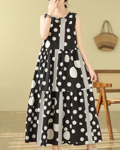 Image of ellazhu Women's Sleeveless Maxi Length Boho Casual Polka Dot Print Dress GA2730 A