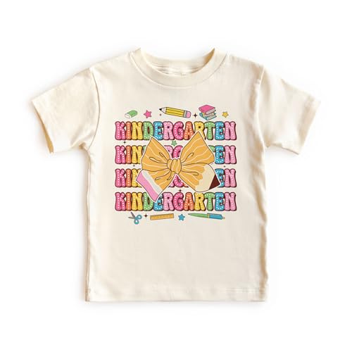 Girls Coquette Bow Kindergarten T-Shirt - Cute Pencil and School Supplies Design - Soft Girl Girly Preppy Back to School Shirt First Day Of School - Natural Toddler & Youth Tee