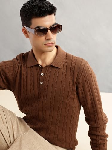 Image of Thomas Scott Men's | Regular Fit | Long Sleeves | Self Design | 100% Cotton | Button Closure | Dry Clean | Polo Collar | Knitted | T-Shirt