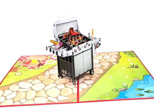 3D Pop-Up Grußkarte, BBQ Grill Design mit Gemüse und Fleisch, Handgefertigte Geburtstagskarte