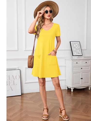Image of Heymoments Summer Dresses for Women Short Sleeve V Neck Swing Sundress Casual A-Line Flowy Dress with Pockets S-2XL