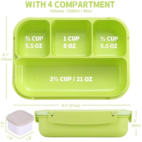 Image of shell and turtle Bento Box Adult Lunch Box, Lunch Containers for Kids Girls Boys with 4 Compartments, Lunchable Food Container with Utensils, Sauce Jar, Muffin Liners, 40 Oz /5 Cup, Bright Green