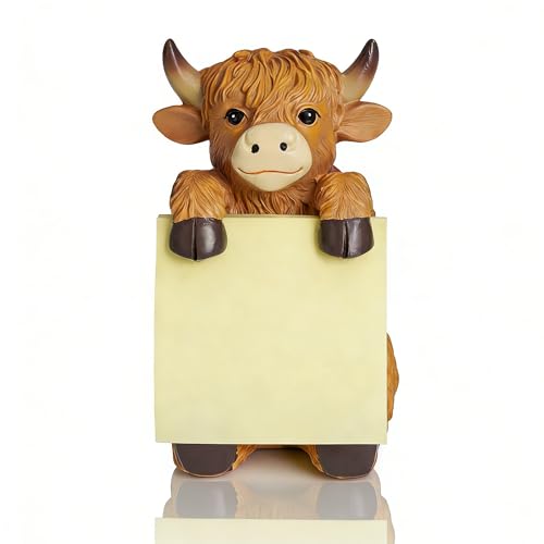 HORTIX Highland Cow Pop-up Sticky Note Dispenser, Includes 1 Pad of 3x3 in Super Sticky Notes, 100 Sheets, Resin Cute Handmade Desk Holder for Office & Home-Brown
