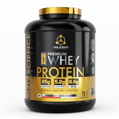 Image of One Science Nutrition Whey Protein Combo | 25g Protein /Scoop, BCAA, Glutamine | Lean Muscle Gain & Faster Recovery | Free 150g Creatine | Strawberry White Chocolate Flavour, 2.27 kg
