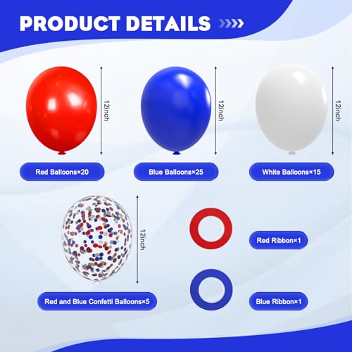 Image of Red White and Blue Balloons,65Pcs Red and Blue Latex Balloons for 4th Of July Patriotic Balloon Graduation Birthday Party Decorations