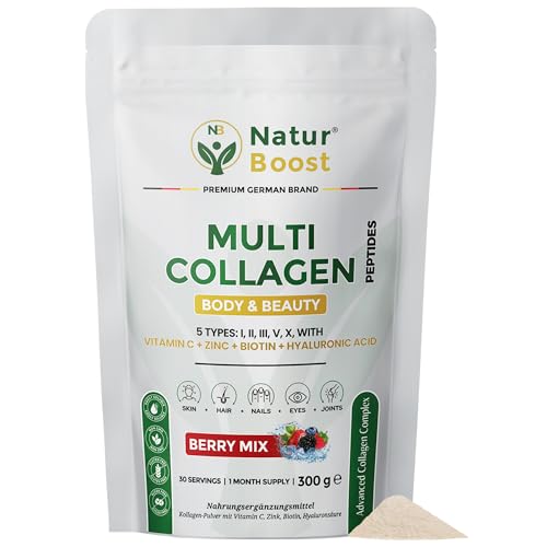Multi Kollagen Pulver 300g Wildberry 5 Typen (I II III V X) hochdosiert & bioverfügbar Kollagen Hydrolysat mit Vitamin C Biotin Zink & Hyaluron für Haut Haare Nägel & Gelenke