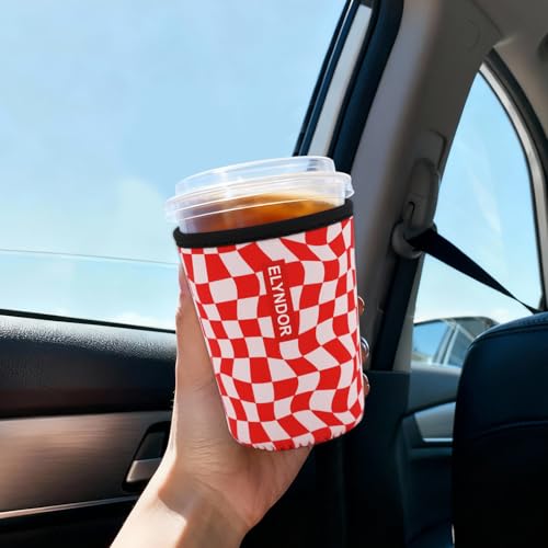 Image of Reusable Insulated Sleeve for Iced Coffee Cup, Coffee Neoprene Sleeve for Cold & Hot Drinks, Beverage Holder for Iced Coffee (Red Wavy Checker, Small: 16-18oz)