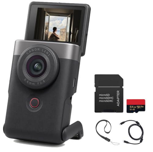 Image of Canon PowerShot V10 Vlog Camera – Compact 4K Vlogging Camera with Built-in Stand, Stereo Mics & Flip Screen (Silver) (5946C002) + Canon Shoulder Bag + 64GB Memory Card