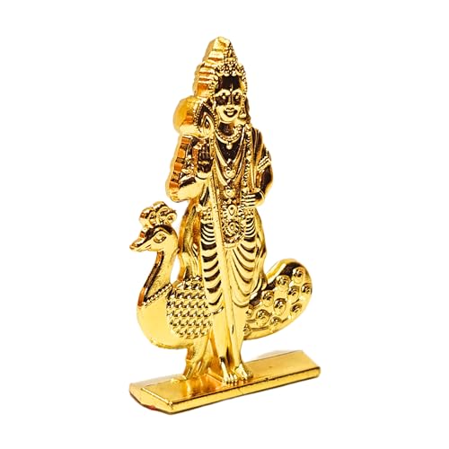 Image of anciently Murugan Statue for Car Dashboard | Kartikeya Idol for Car Dashboard, Metal, 1 Piece (Gold Colour)