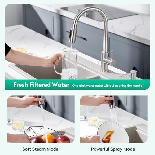 CREA 3 Wege Küchenarmatur mit Brause, Drei Wege Wasserhahn Küche Ausziehbar, 360° Drehbar 3 Wege Mischbatterie, Einhand Trinkwasserhahn, 3 in 1 Spültischarmatur, 3 Wege Armatur aus Edelstahl,Gebürstet