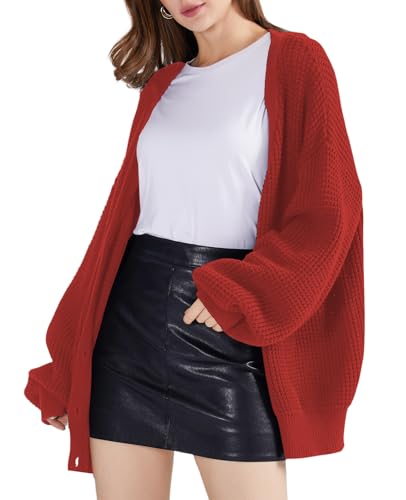 Image of QUALFORT Women's Oversized 100% Cotton Cardigan Sweater | Long Sleeve V Neck Button Down Open Front Knit Outerwear