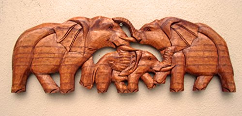 Image of Hand Carved Elephant Family Wall Plaque Unusual wooden wall Elephants 50cm