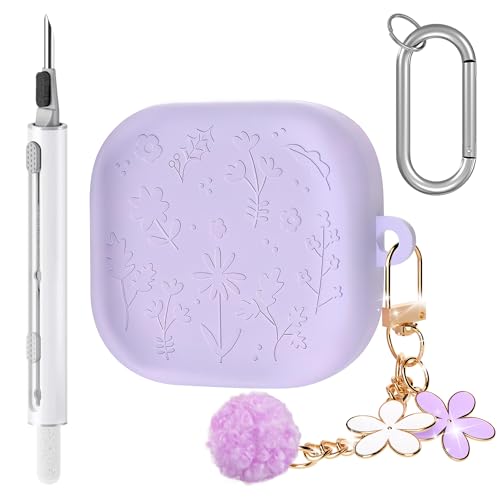 Seltureone Cute Case for Samsung Galaxy Buds 4 Pro/Buds 4 (2026) with Flower Keychain and Cleaning Pen, Soft Silicone for Galaxy Buds 4/4 Pro Protective Earphone Case Cover Accessories - Light Purple