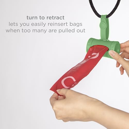 Image of Ubbi Retractable Dog Poop Bag Holder and Dispenser with Silicone Strap Leash Attachment, Includes 2 Rolls of Lavender Scented Leakproof Waste Bags, Green