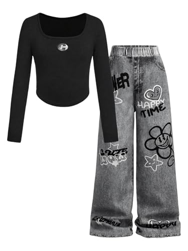 Image of SOLY HUX Girl's 2 Piece Outfits Graphic Print Long Sleeve Tee Tops and Jean Pants Streetwear Set