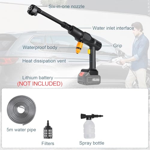 Cordless Pressure Washer, Portable Battery Pressure Washer with 6-in-1 Nozzle, Cordless Pressure Washers UK, Power Washer with 5M Hose/Foam Bottle for Car/Patio/Pet - Image 3