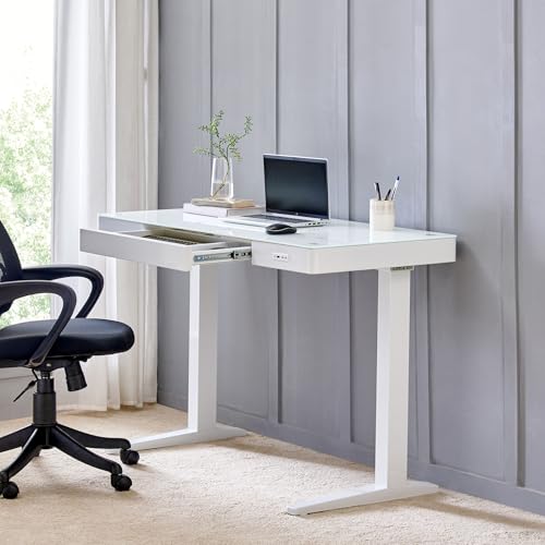 Image of Home Centre | Trooper Tempered Glass Top Smart Study Desk | Study Table for Home Office | Metal | White | 1 Year Warranty