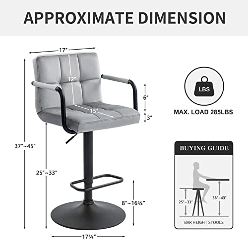 Furnimart Adjustable Bar Stool Swivel Barstools Set Of 2 Counter Stools With Armrest And Footrest Upholstered Bar Chairs For Kitchen And Dining Room (Velvet-Grey) #TOP2