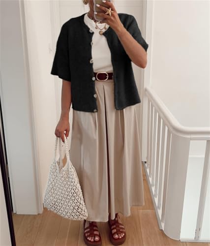 Image of Women Knitted Crop Cardigan Shirt Short Sleeve Button Down Ribbed Knit Crop Top Y2k Girls Outwear Top Tee Shirt