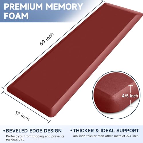 Image of 4 /5 Inch Thick Kitchen Mat Anti Fatigue Mat Kitchen Rugs Kitchen Decor Non-Slip, Stain & Water Resistant, Kitchen Mats Desk Mat for Kitchen, Office, Workshop, Red, 17'' x 60''