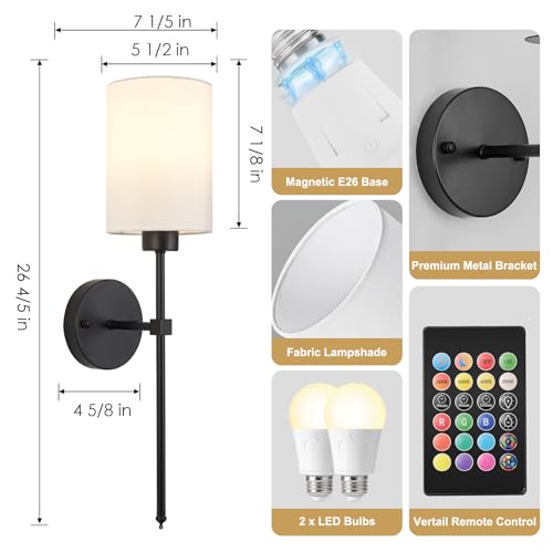 Image of Battery Operated Wall Sconce Set of Two,Wireless Rechargeable Wall Light With Remote Control, Dimmable, 1800K /3000K /4000K /6000K /RGB, Timer, for Living Room, Bedroom, Fireplace, TV, 26.8 Inch, Black