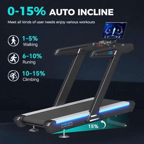 Image of Premium Motorized Treadmill with Screen Projection, 15% Auto Incline Run Mill with 3.0HP Powerful Motor, 22 inch Wide Deck, Shock Absorption, Quiet Walking Pad Treadmill for Home Gym