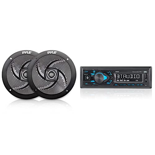 Pyle Marine Speakers - 5.25" Inch Low Profile Slim Style Waterproof Wakeboard Tower & Jensen Mpr210 7 Character Lcd Single Din Car Stereo Receiver | Push To Talk Assistant #TOP25