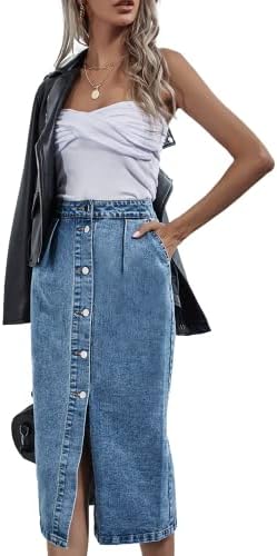 NIGHTMISS Womens High Waisted Washed Button Front Denim Long Skirt Midi Length A Line Denim Jean Pencil Skirt(BE592-L)