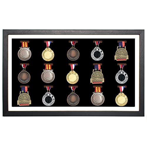 Large Medal Display Shadow Box, 15 Medal Display Case, Medal Display Frame, Perfect Medal Display for War Military, Runners, Marathon, RECE Winner, Football, Gymnastics & All Sports (Black)