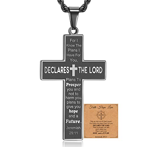 HSWYFCJY Bible Verse Cross Necklace for Men,Christian Cross Necklace for Men,Jeremiah 29 11 Black Cross Pendant Necklace Baptism Confirmation First Holy Communion Christening Gifts Father's Day Gifts