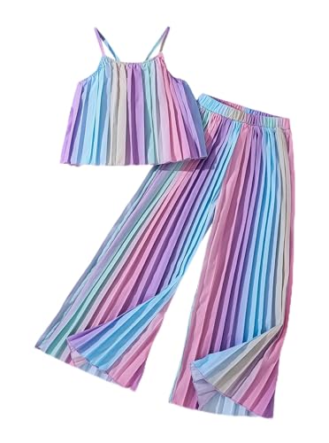 Image of Hilinker Girls Rainbow Pleated Cami Top and Wide Leg Pants Set Cute 2 Piece Summer Outfits Multicolor Purple 9-10 Year