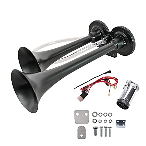 FC_UNIVERSAL 12V 130DB Electric Super Air Horn Zinc Chromium Plating Dual Trumpet Truck Horn Kit for Cars/Vans/Trucks/Motorcycles (Black) FC_UNIVERSAL 12V 130DB Electric Super Air Horn Zinc Chromium Plating Dual Trumpet Truck Horn Kit for Cars/Vans/Trucks/Motorcycles (Black)