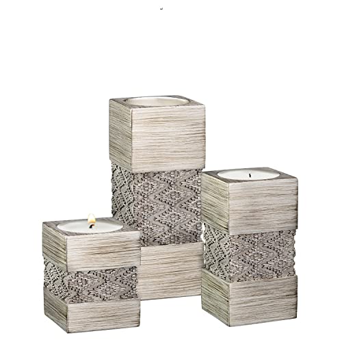 Tealight Candle Holder Set of 3 - Centerpiece for Living Room and Dining Room Table Decor, Coffee Table Decor, Ideal for Fireplace, Entrance or Bathroom ( Dublin Silver )