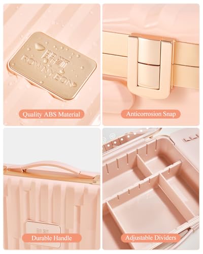 ROWNYEON Travel Makeup Train Cases with Light Up Mirror, Large Makeup Bag Cosmetic Case with Adjustable Dividers Makeup Organizer for Brushes & Makeup Tools, Pink - Thumbnail 4