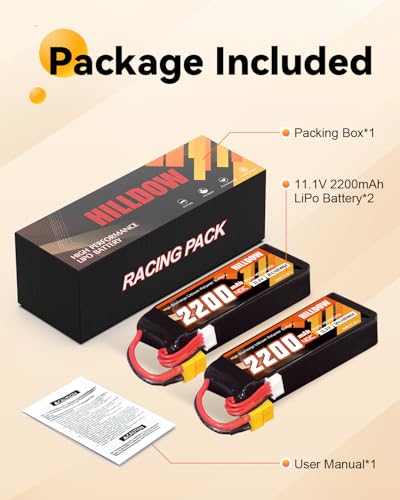 Hilldow 3S Lipo Battery 2200mAh 11.1V 40C RC Battery Pack Soft Case with XT60 Connector for RC Drone Airplane Quadcopter Helicopter Boat Hobby Models((2 Packs)