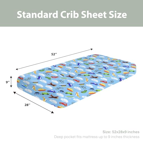 Image of Planes Automobiles Transport Baby Crib Sheets for Boy Girl 28 inchx52 inch Airplanes Boats Bike Car Clouds Blue Soft Stretchy Fitted Crib Mattress Cover Travel Baby Sheet for Standard Crib & Toddler Mattress
