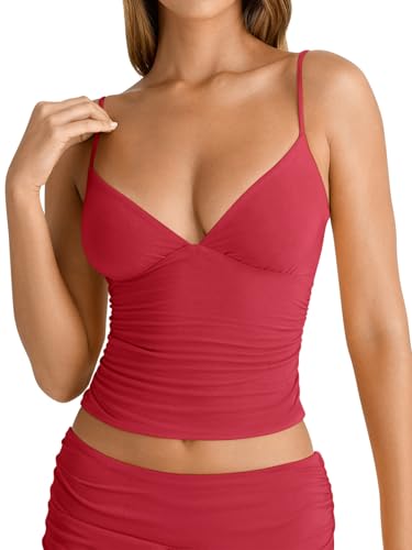 Image of PINKMSTYLE Women's Sexy V Neck Ruched Cami Top Sleeveless Spaghetti Double Layer Fitted Crop Tank Tops
