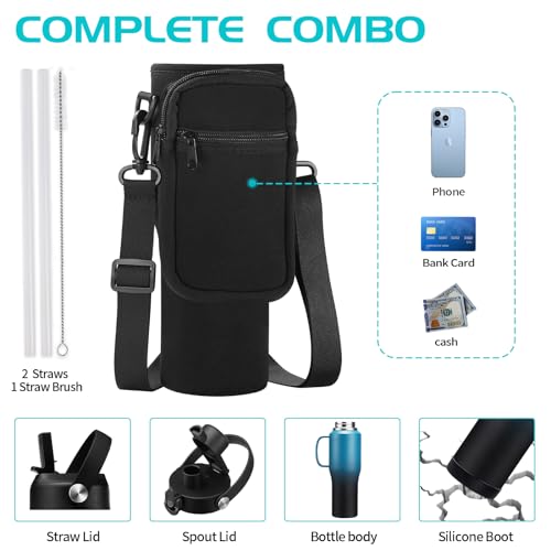 Image of 32 40 OZ Insulated Water-Bottle with Handle - Straw & Chug Lid, Strap Carrier Bag & Protective Boot, Stainless Steel Coffee Travel Tumblers, Leak-Proof, Skinny Flask Fit in Car Cup Holder