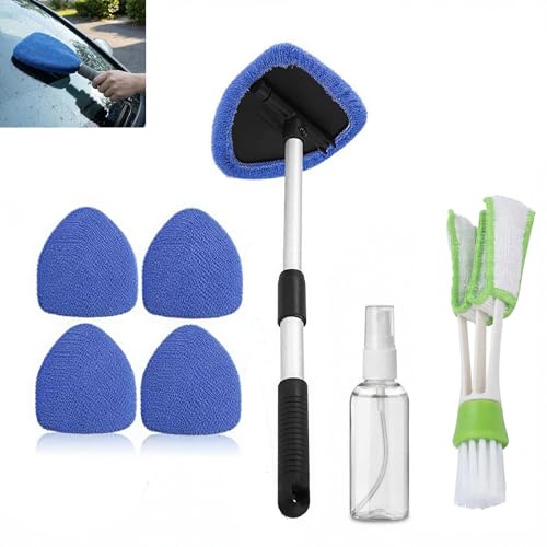 XiDeShop Kit Complet de Nettoyage de Pare-Brise et Vitres 180° - Brosse Extensible en Aluminium avec 5 Tampons Microfibres Réutilisables et Vaporisateur pour Voitures et Surfaces Lisses